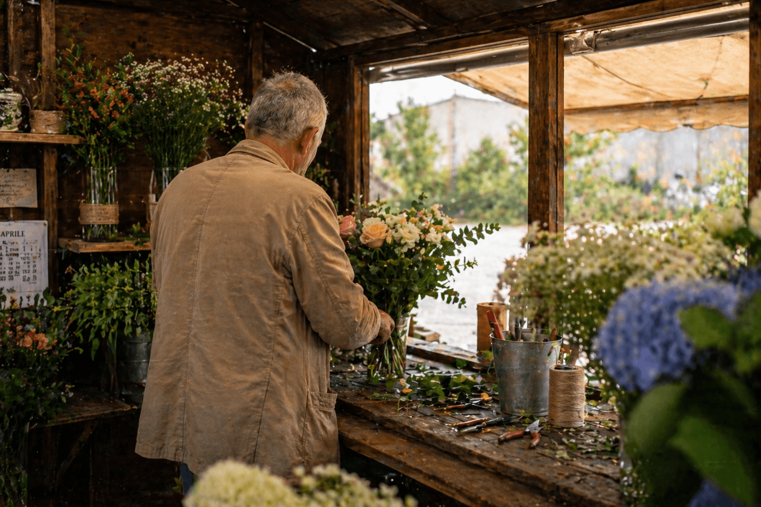 Luigino di spalle mentre lavora a una composizione floreale nello studio Florimar.